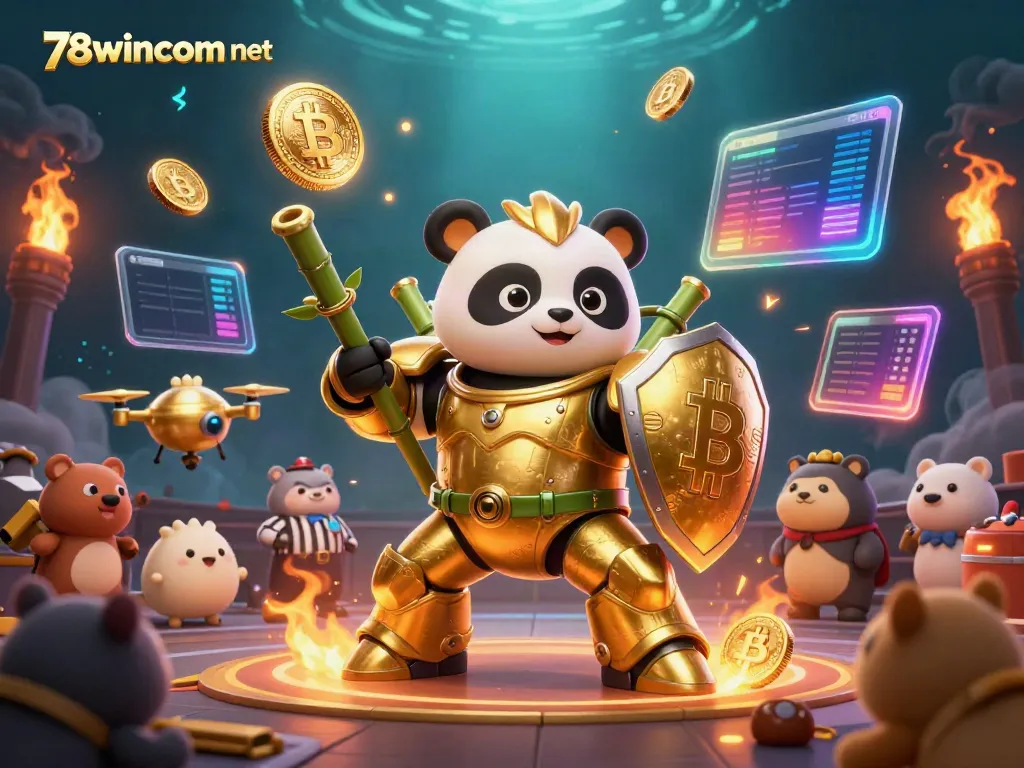 Experience the thrill of gaming at 78wincom net with a golden panda in a mech-suit battling with crypto elements.