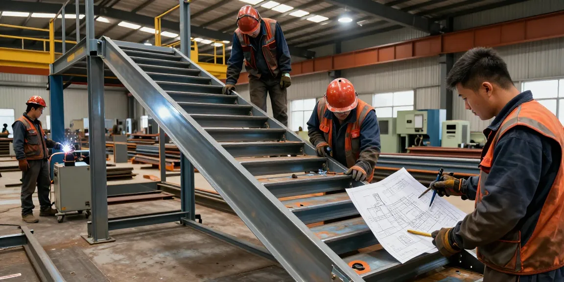 Metalworkers collaborating on custom steel structures in a professional commercial steel company environment.