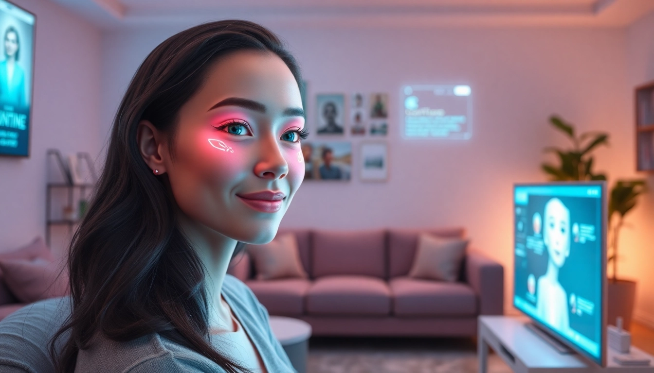 Engaging virtual girlfriend AI character in a cozy setting, showcasing emotional connection and technology.