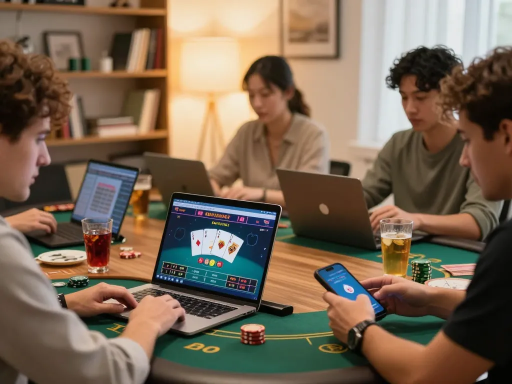 Engaging online gaming setup at https://tr88watch.com/ showcasing strategic poker play on laptop with snacks