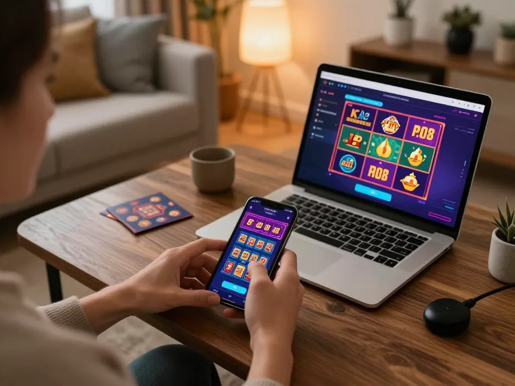 Engaging mobile gambling session on https://kp8888.net/ showcasing vibrant casino app interface and cozy home atmosphere