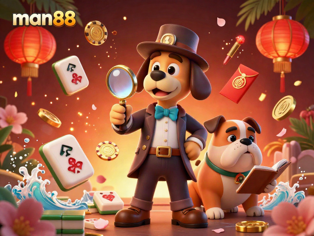 Win exciting poker games at man88 with a playful detective and bulldog duo exploring vibrant clues.