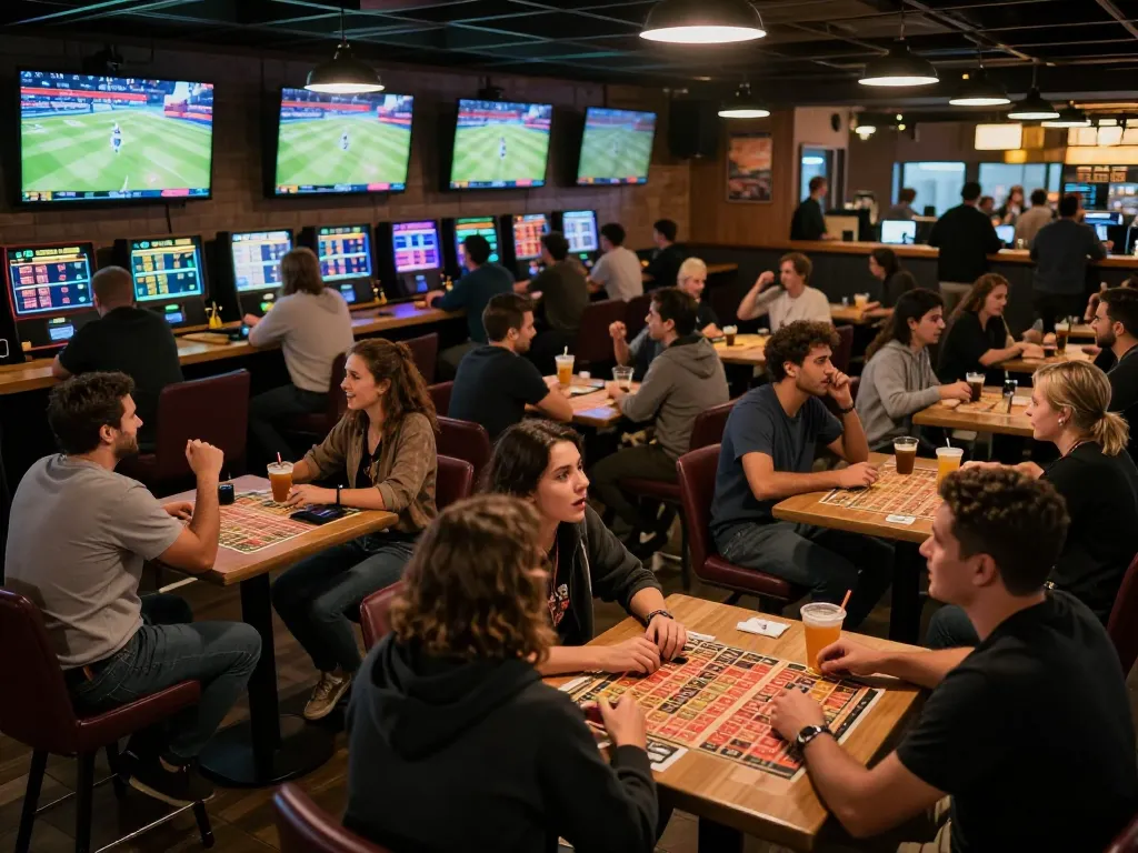 Kèo nhà cái betting scene with excited friends placing wagers in a lively sports bar atmosphere
