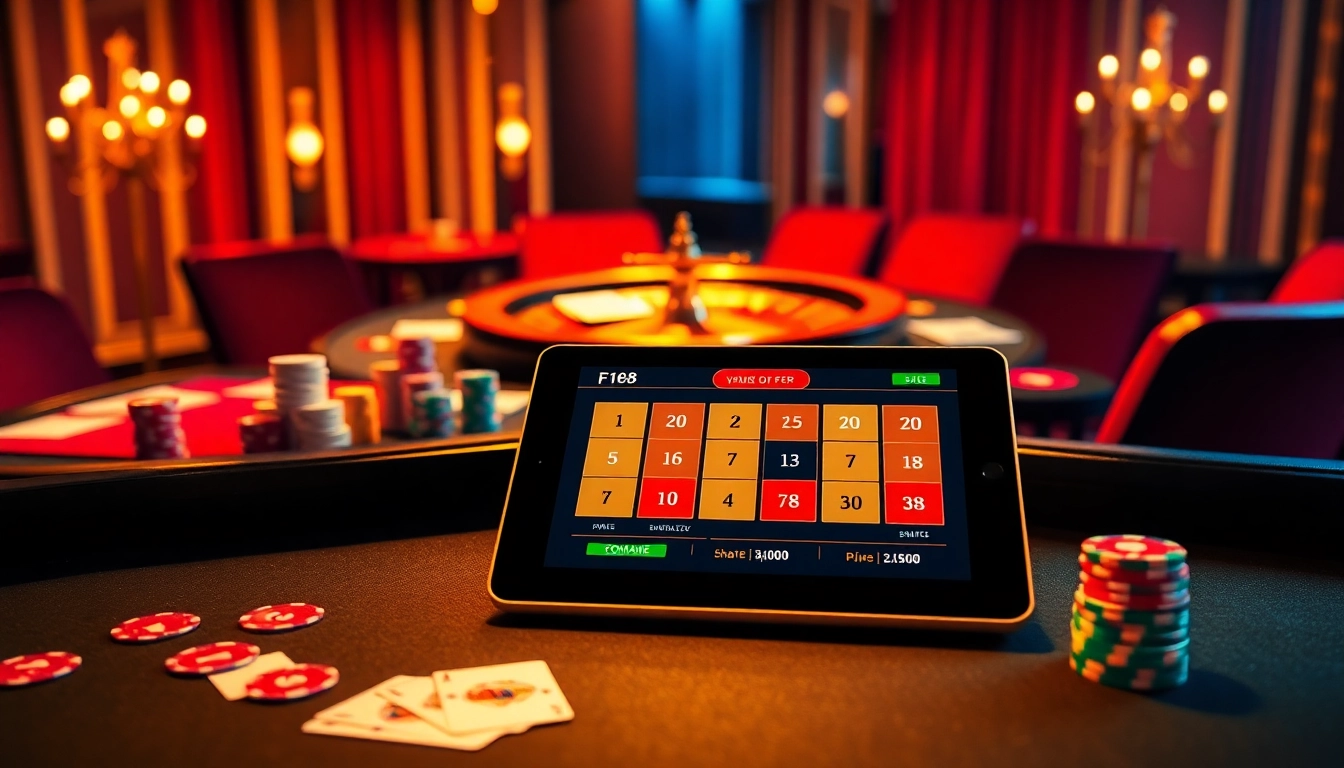Exciting gaming scene showcasing Đăng Nhập F168 with vibrant casino elements like poker chips and roulette.
