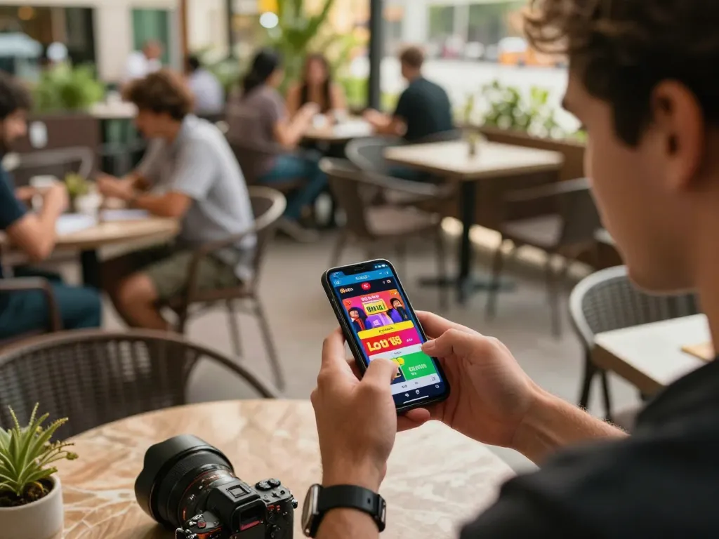 Engaging in mobile gaming at LOTO188, enjoying casino apps in a lively café