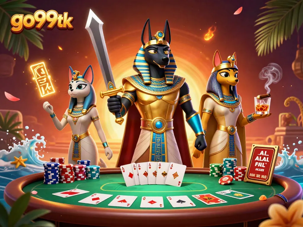 Experience thrilling gaming action at go99tk with Anubis and Bastet in a dynamic casino scene.