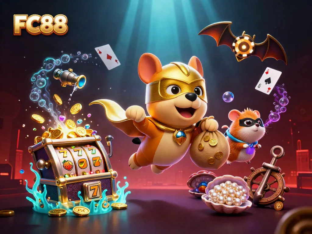 Join the adventure at FC88 with a superhero dog and hamster exploring a vibrant casino world.