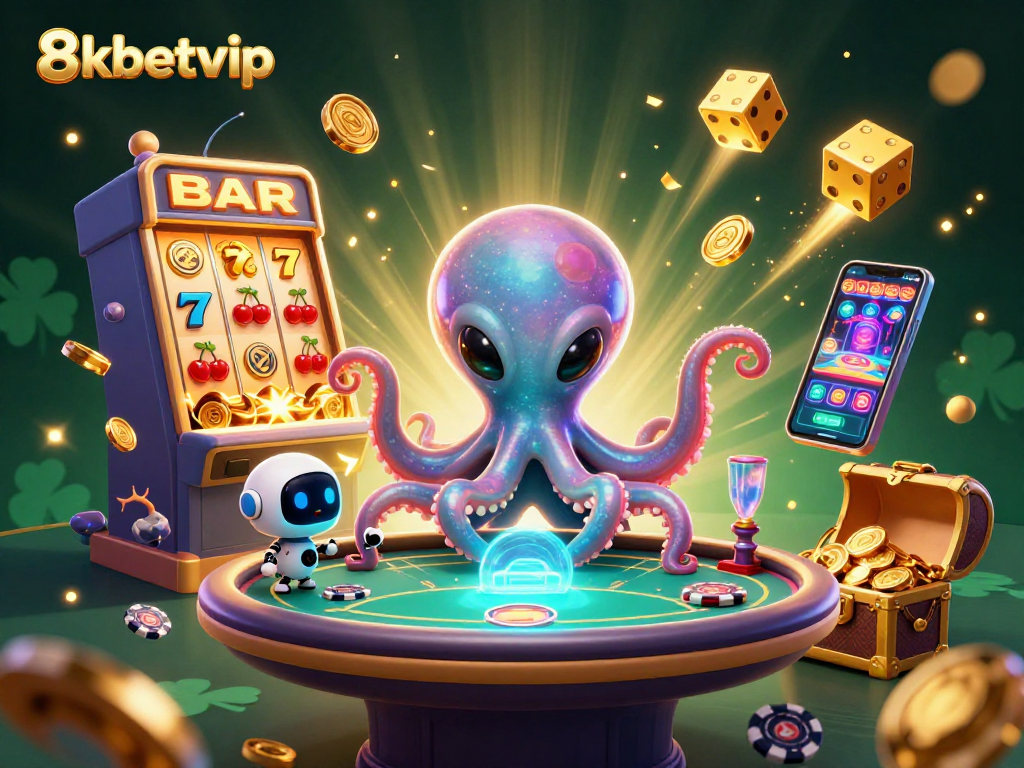 Experience exciting games at 8kbetvip with alien octopus and glowing poker elements.