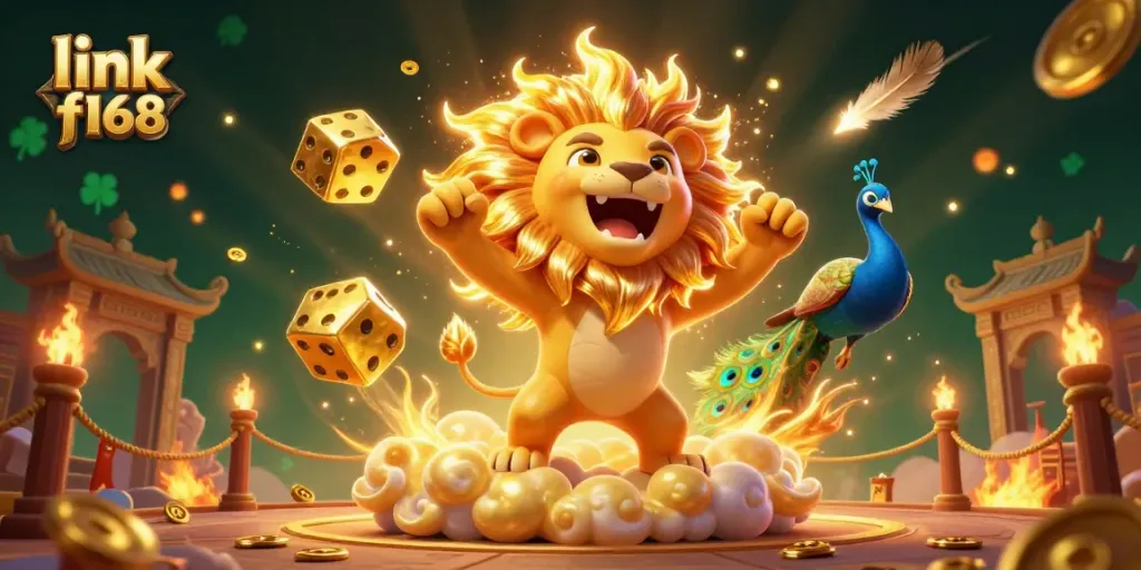 Engage with link f168 at the vibrant casino scene featuring a cartoon lion and golden dice.