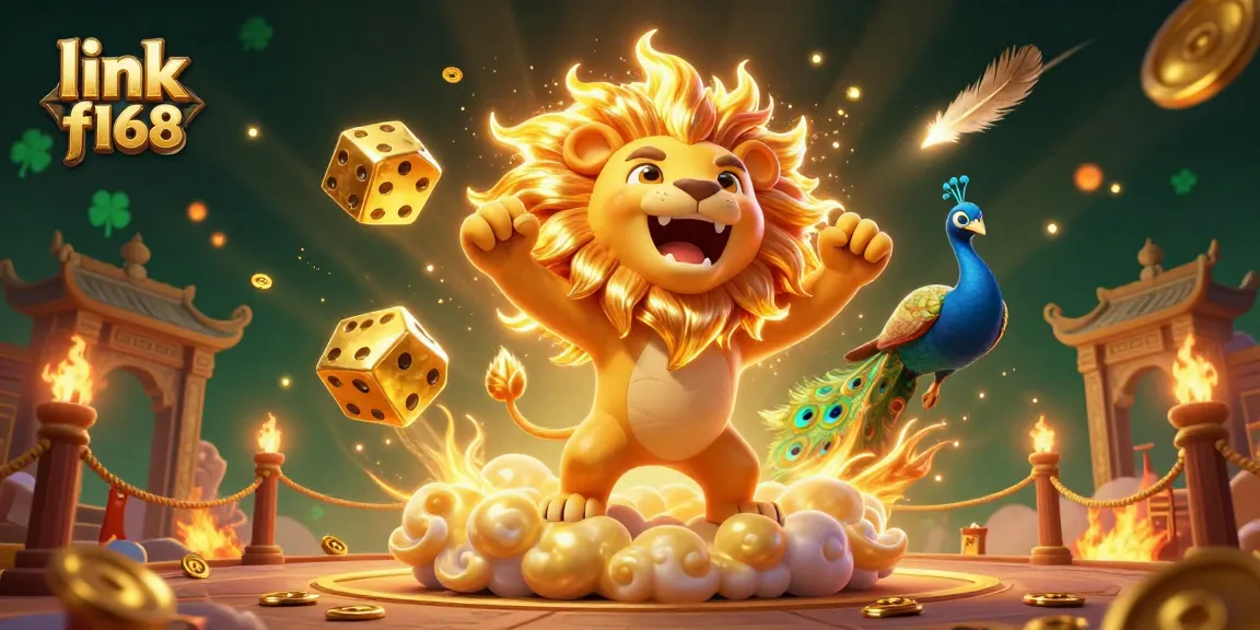 Engage with link f168 at the vibrant casino scene featuring a cartoon lion and golden dice.