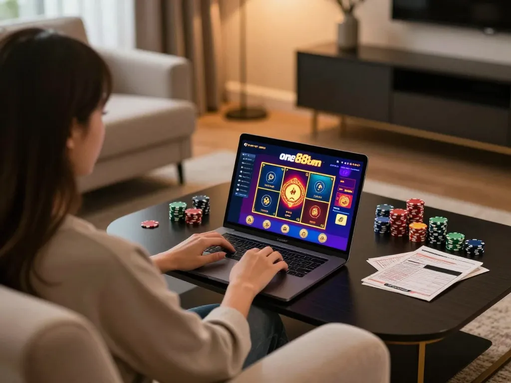 Engaging in online gaming on one88on platform while relaxing at home, cozy atmosphere and strategic elements visible