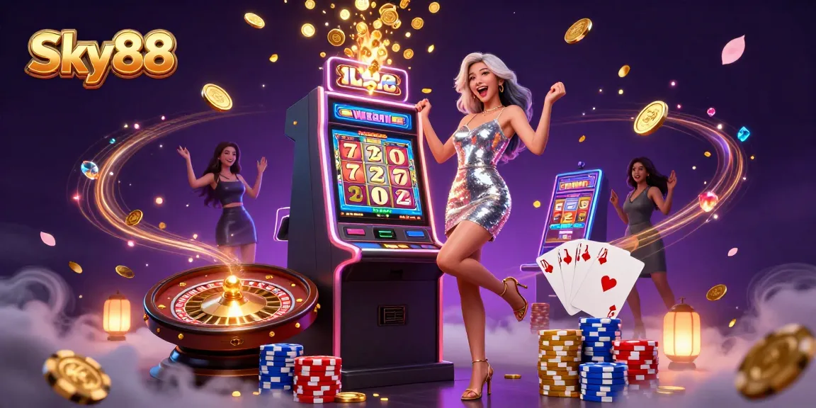 Sky88 showcases an excited woman celebrating her jackpot win at a dazzling casino scene.