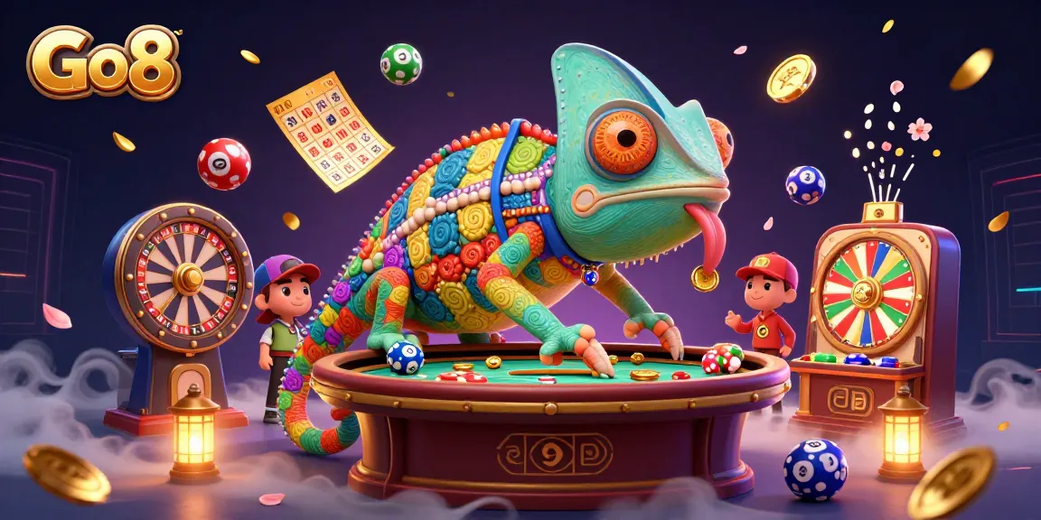 Experience the excitement of Go8’s casino world with vibrant lottery elements and a chameleon host.