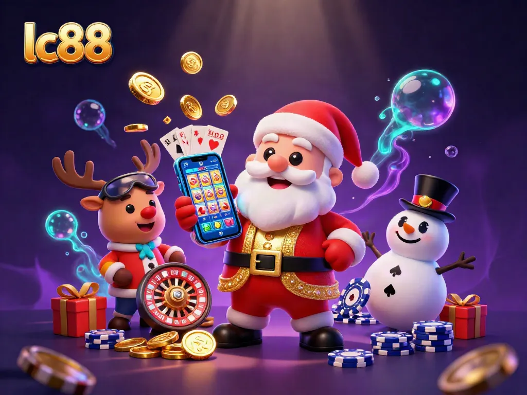 Experience the thrill at lc88 with Santa, a reindeer dealer, and a poker chip snowman in a vibrant casino scene.
