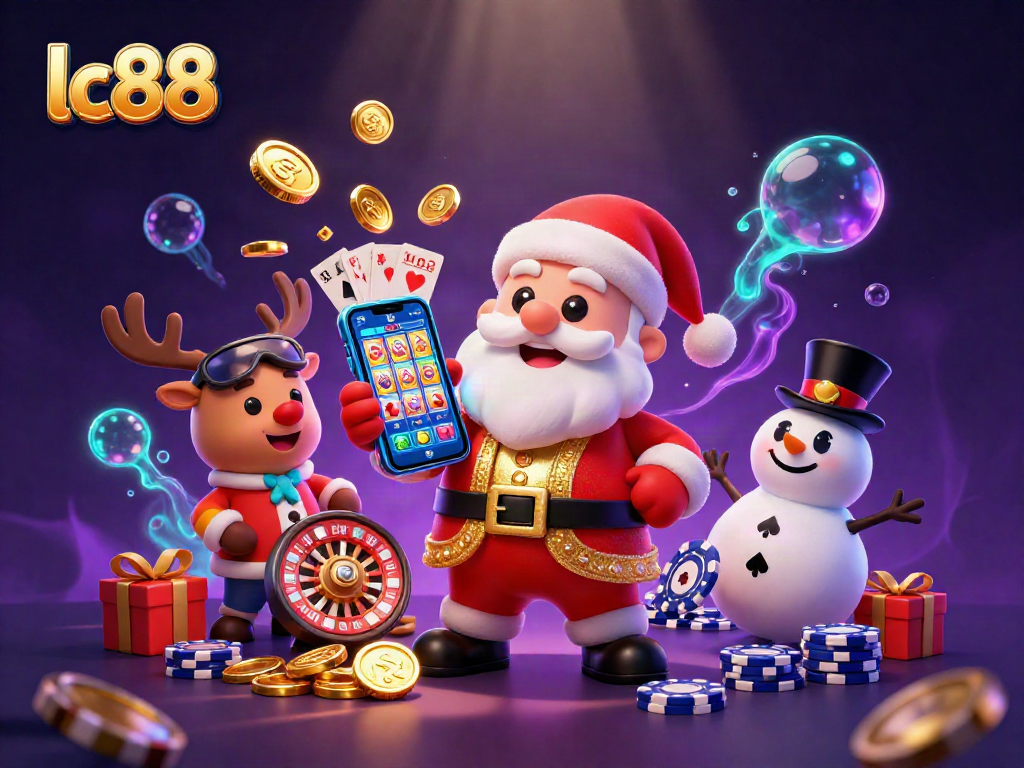 Experience the thrill at lc88 with Santa, a reindeer dealer, and a poker chip snowman in a vibrant casino scene.