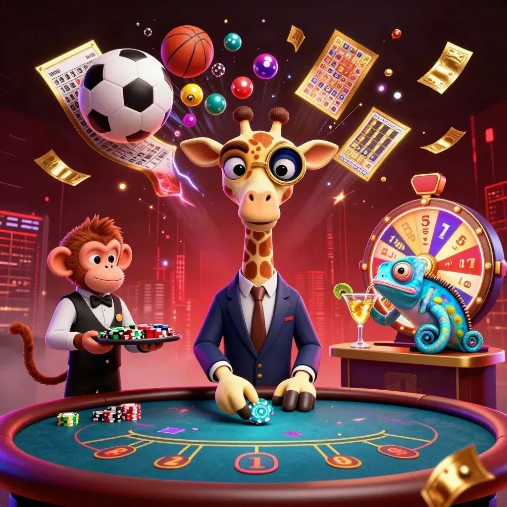 Giraffe, monkey, and chameleon in neon casino action with flying balls and cards.