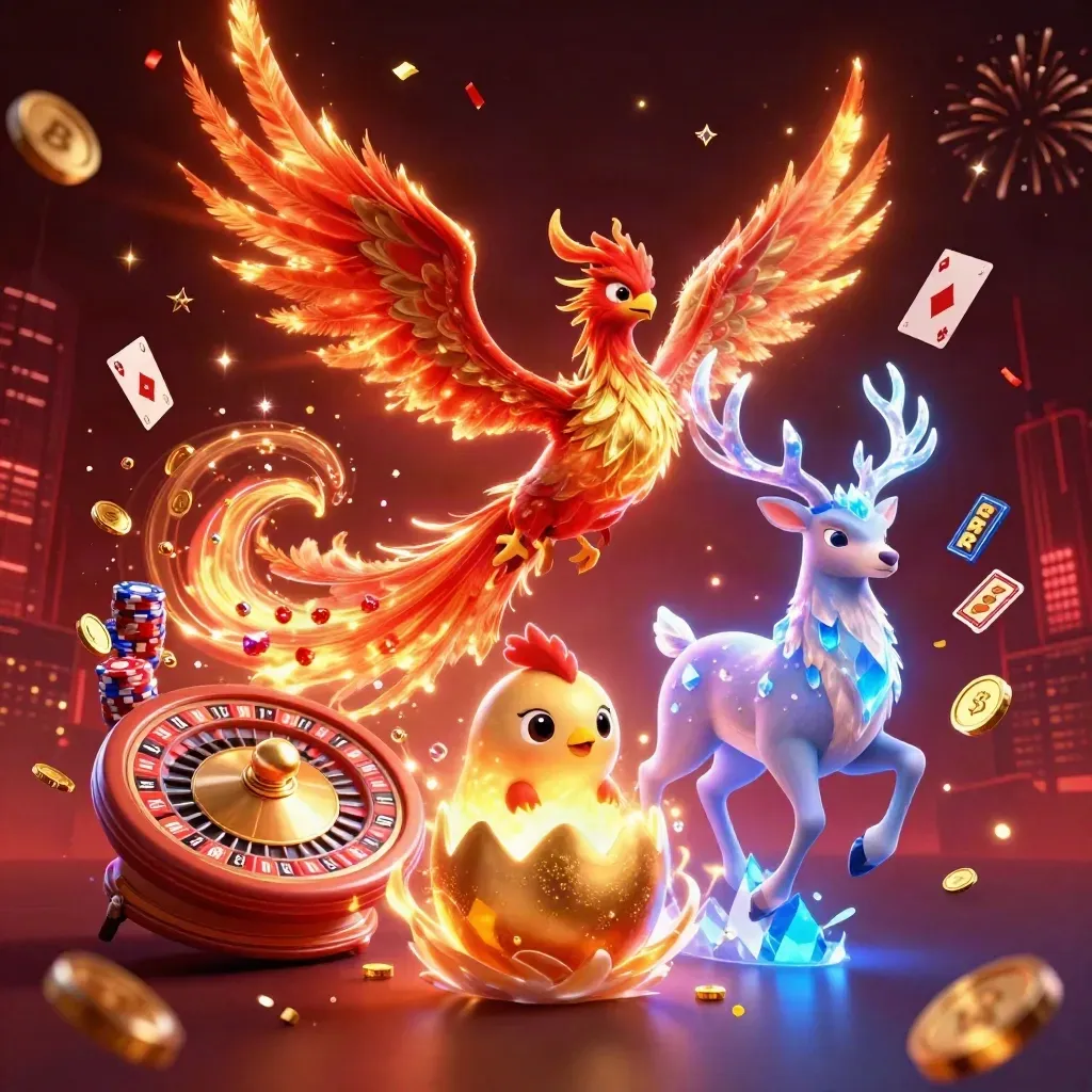 Fire phoenix, hatchling, and crystal stag amid casino treasures and neon magic.