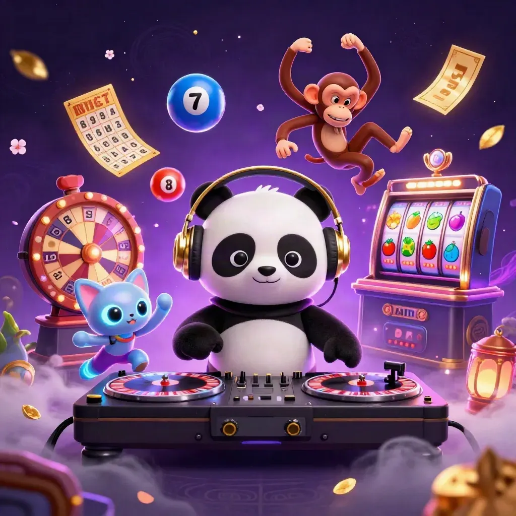 Neon casino trio: DJ panda, breakdancing monkey, and glow-stick kitten amid wheels, balls, petals, and magic.