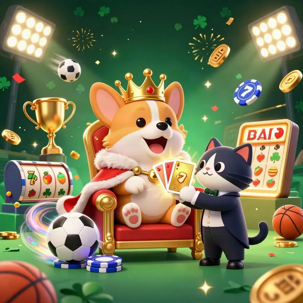 Royal corgi and cat butler amid casino sports chaos, coins, confetti, and glowing lights.