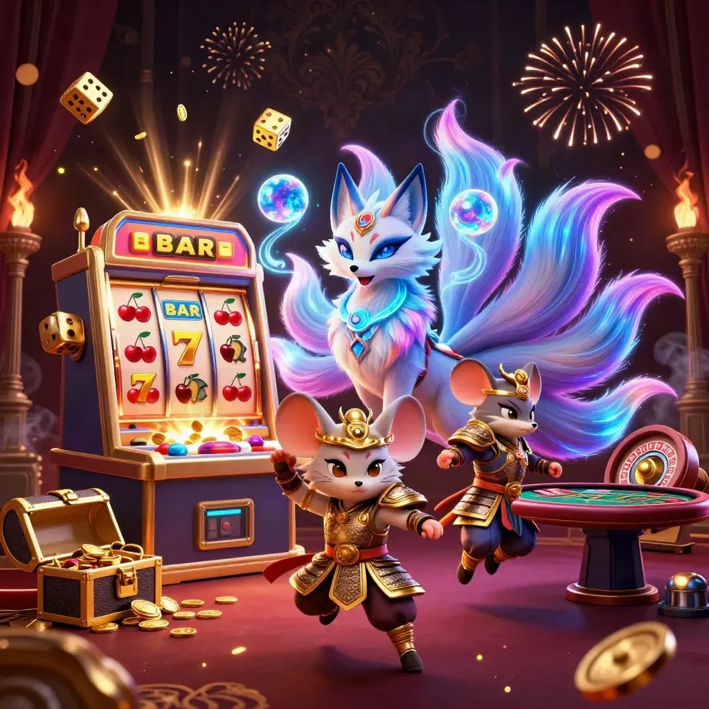 Fox spirit and armored mouse amid jackpots, gold coins, roulette, cards, and fireworks on a luxe casino backdrop.