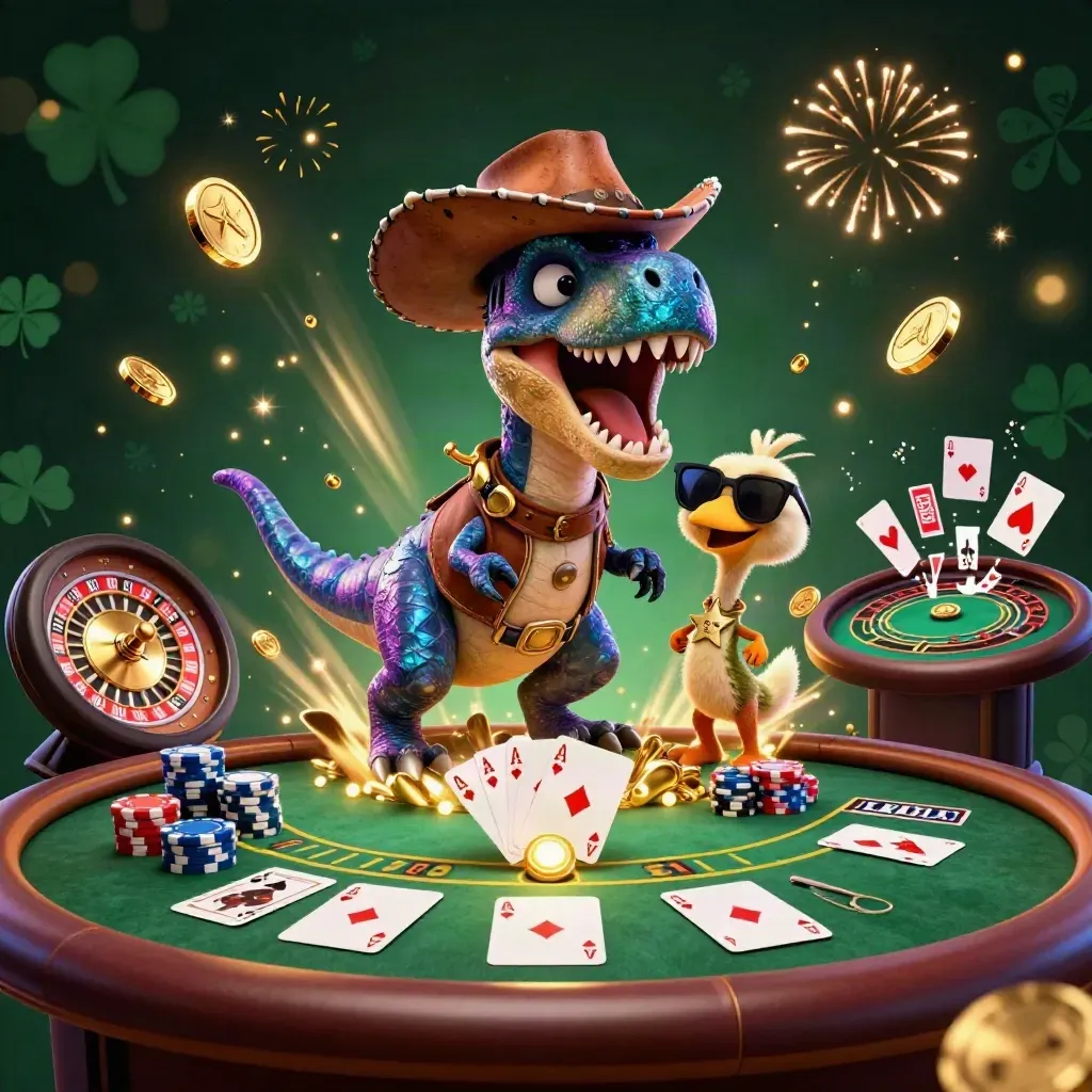Cartoon T-rex cowboy, cactus, and roadrunner amid casino chips, cards, coins, and fireworks