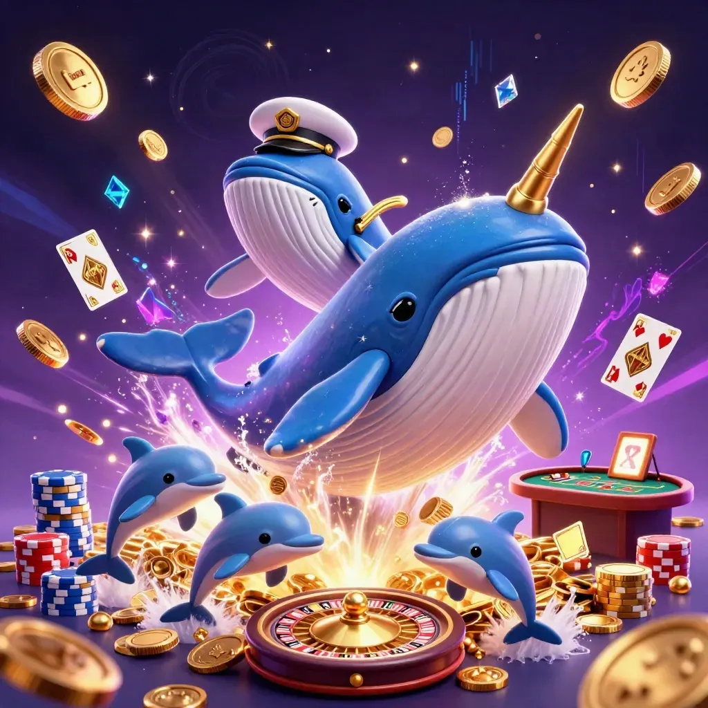 Whale captain, narwhal, and dolphins burst through coins and gems in luxe neon casino glory.