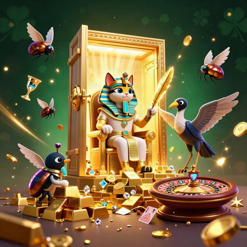Pharaoh cat, ibis scribe, scarabs, vault burst, spinning roulette, glowing casino props.