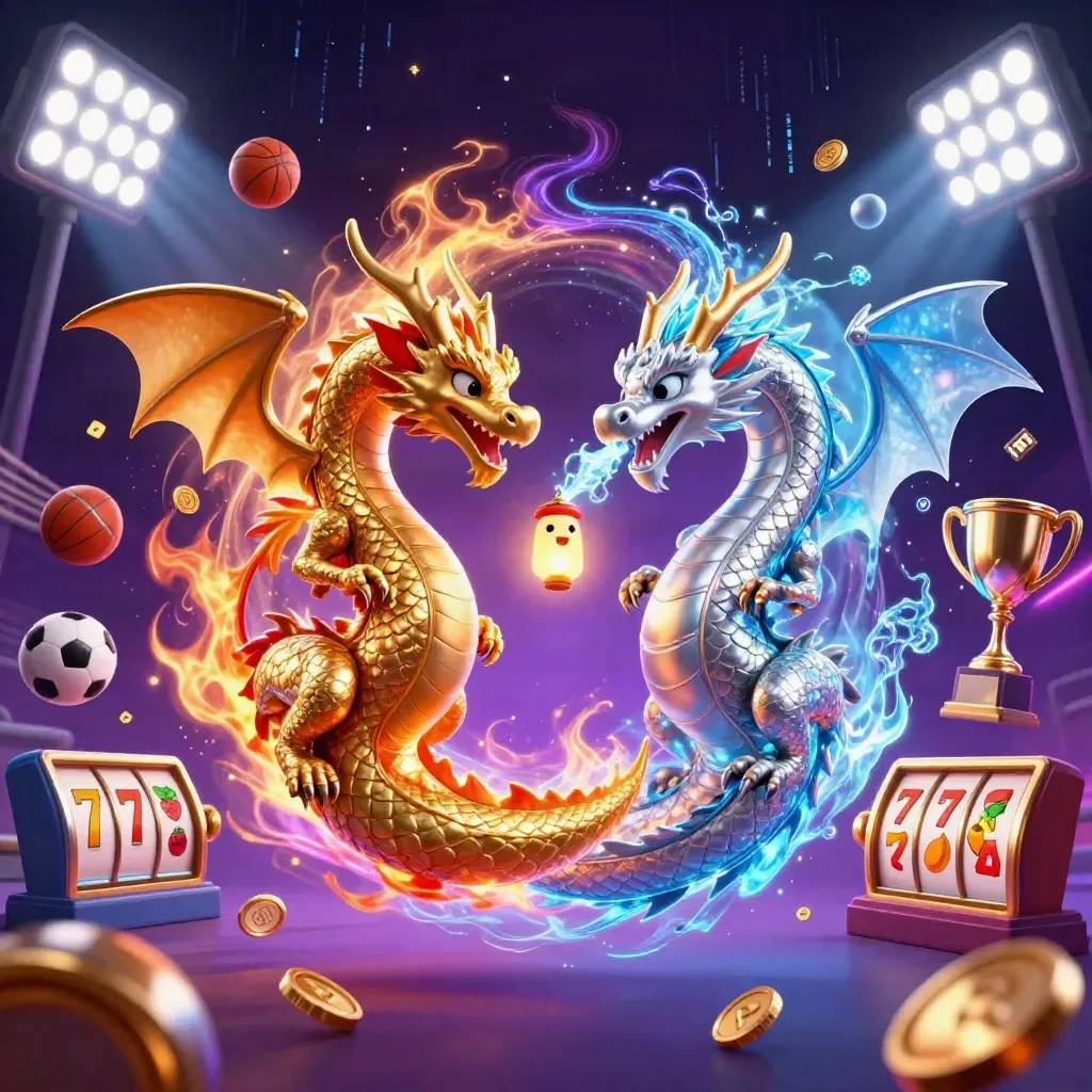Twin gold and silver dragons spiral with fire and ice, surrounded by casino symbols, coins and neon energy.