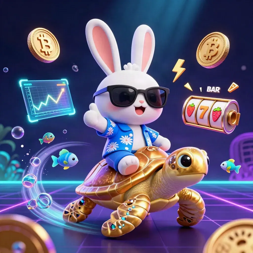 Lucky rabbit rides a gem-shell sea turtle with neon coins and casino sparks