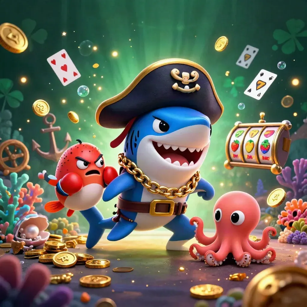 Shark captain, boxing pufferfish, and juggling octopus in a glowing treasure cove