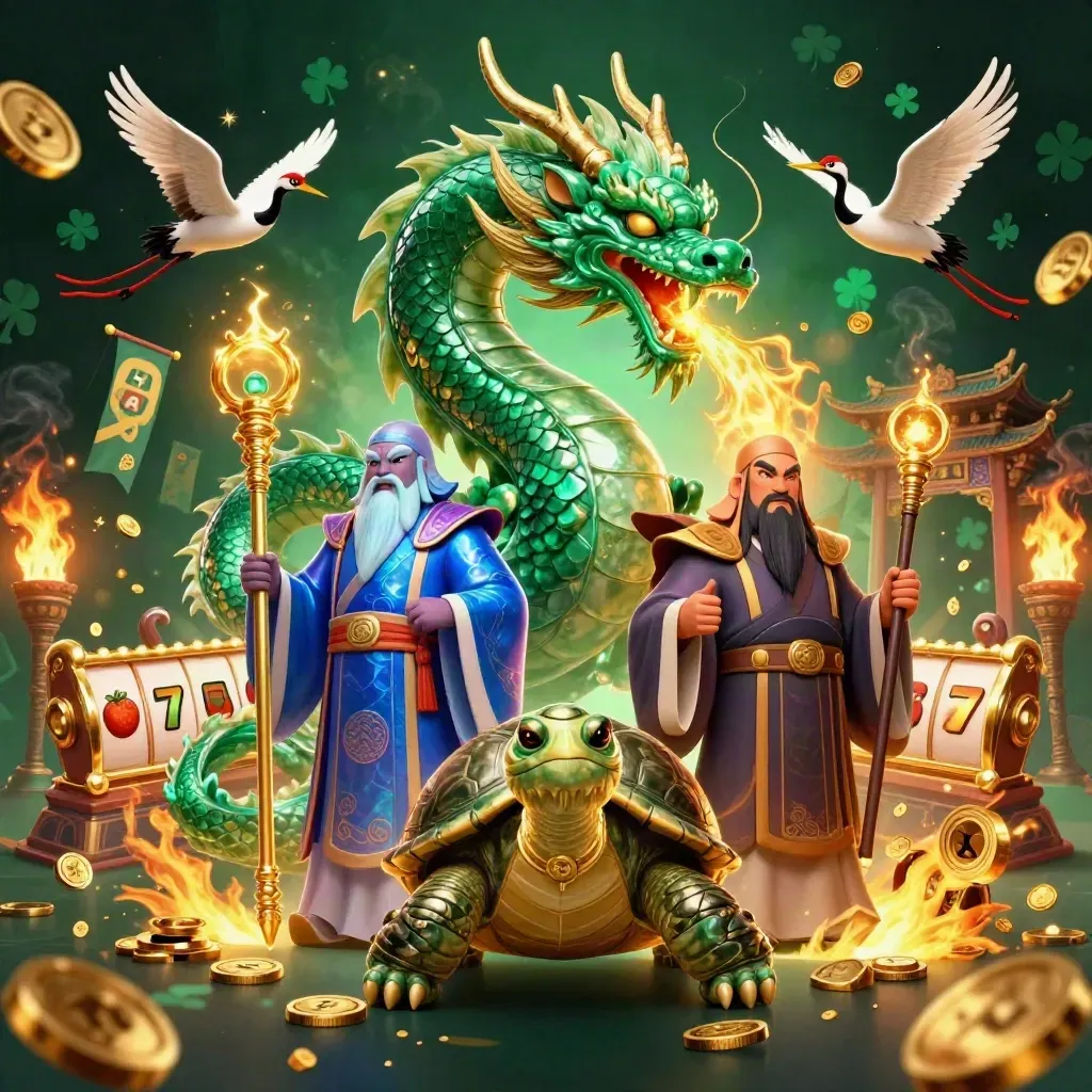 Emerald dragon, turtle sage, and cranes amid gold fire, coins, reels, and temple gates.
