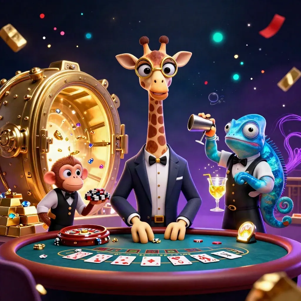 Giraffe high-roller, monkey valet, and chameleon bartender amid vault gold and casino lights.