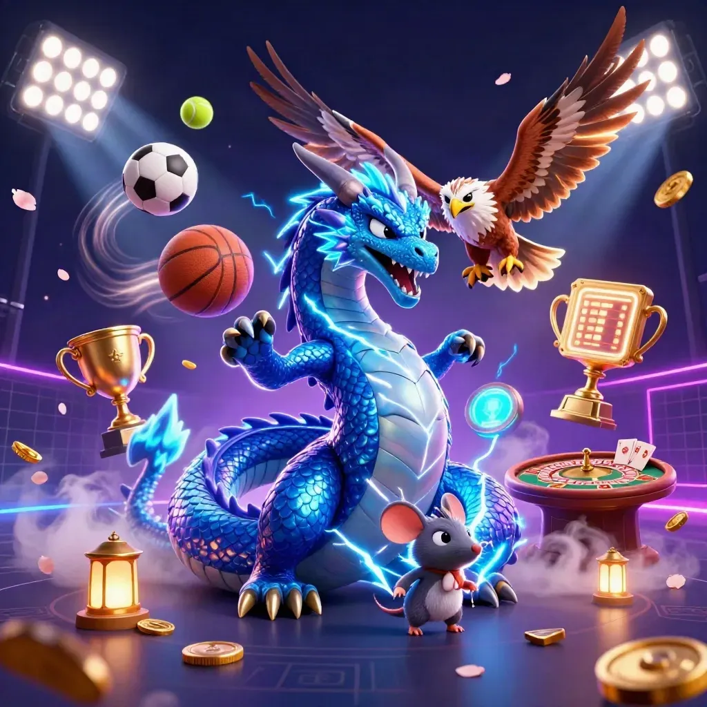 Thunder dragon, glowing hawk and static mouse amid casino glow and sports balls