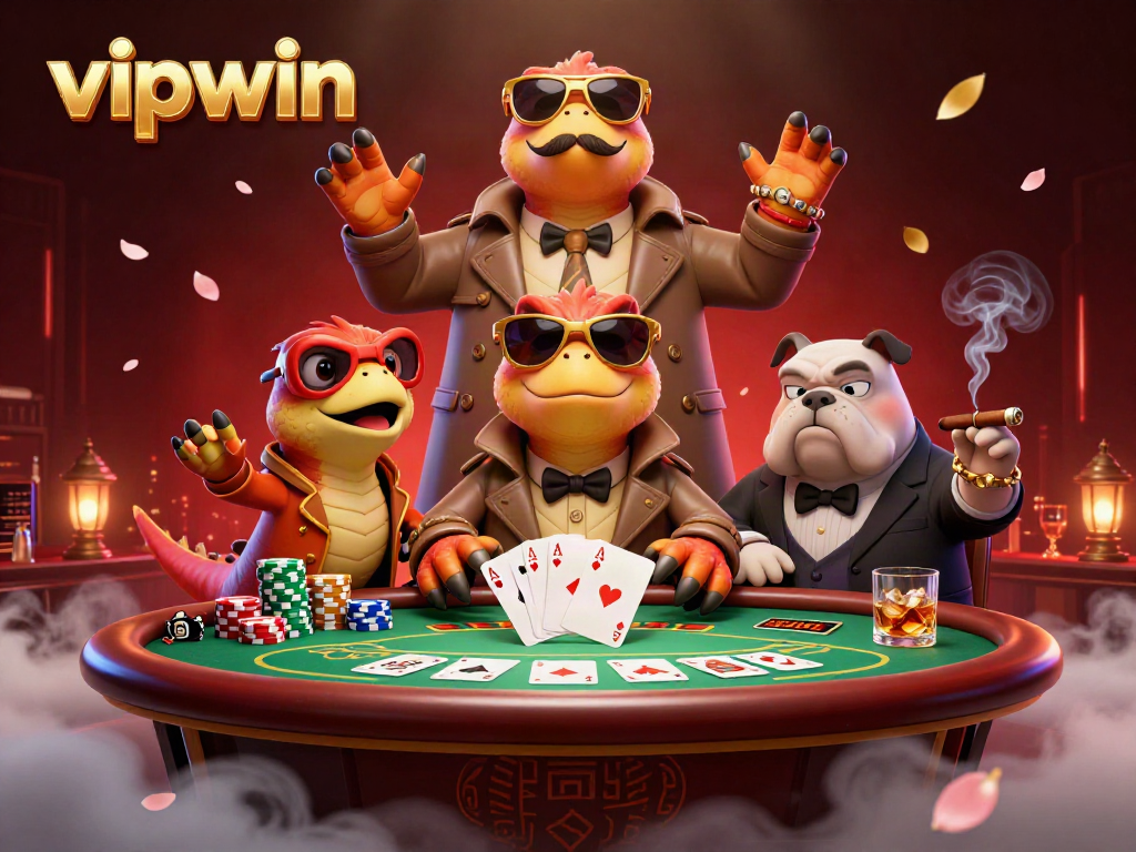 Raptors in a trench coat try to enter a VIP casino lounge, invoking the playful spirit of vipwin.