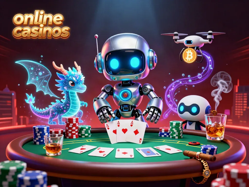 Engage with online casinos featuring a cyberpunk robot mascot, holographic dragon, poker elements, and neon effects.