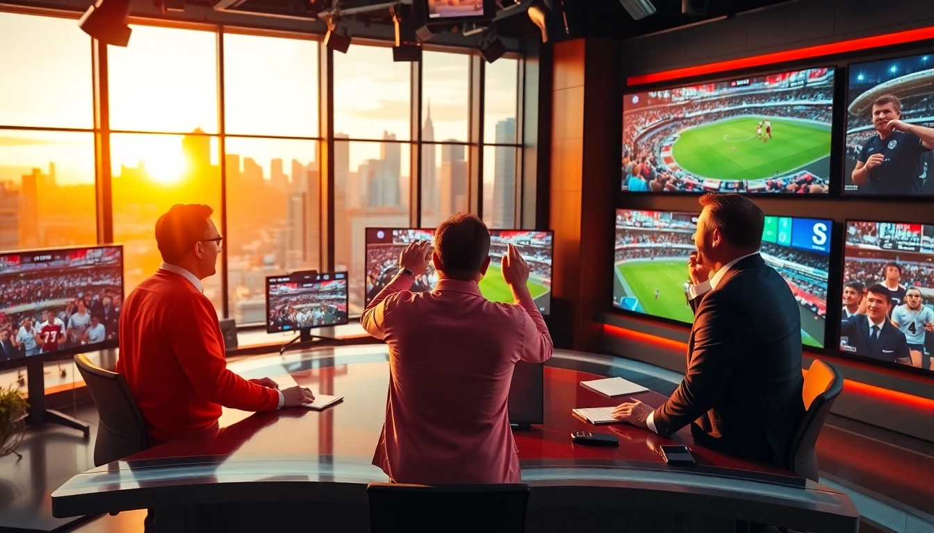 Sports Broadcasting team passionately discussing a live game in a vibrant studio setting.