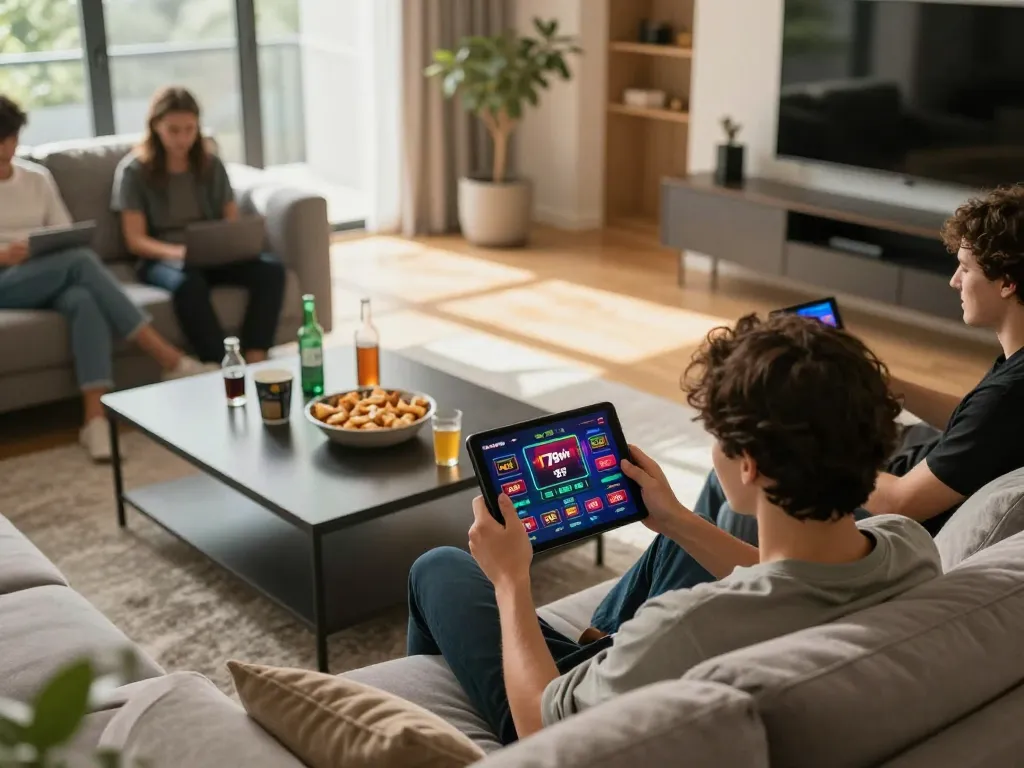 Engaging with the 78win casino app on a tablet in a cozy home setting
