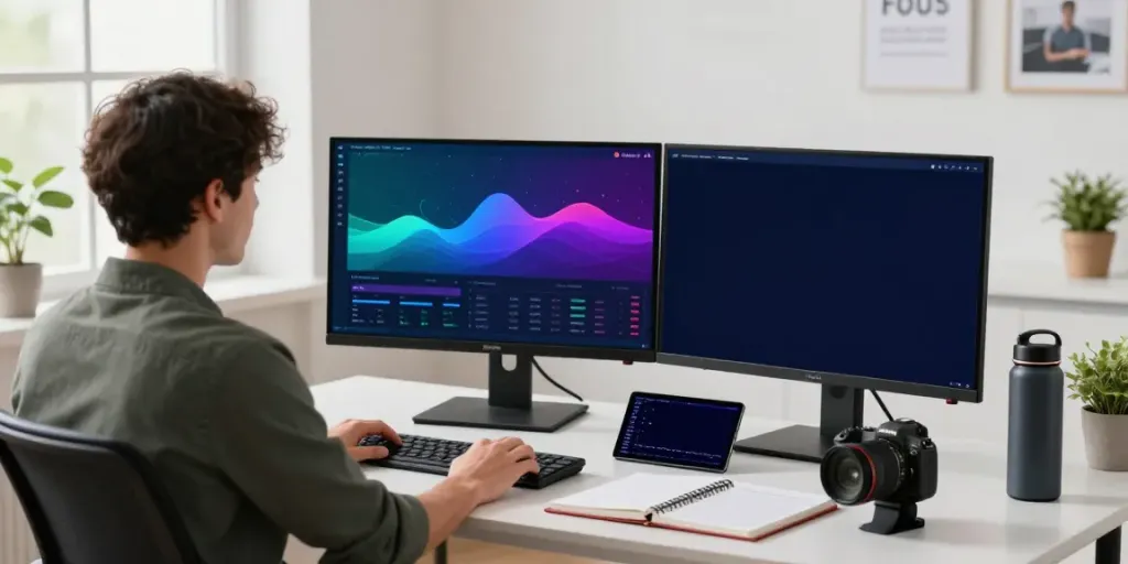 Trader using quantumaiplatform.ca in a modern workspace with trading charts.