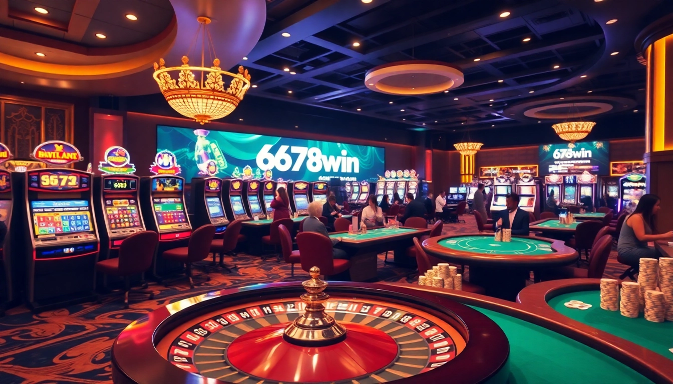 Exciting casino gaming scene highlighting 678win with roulette wheel and poker tables.