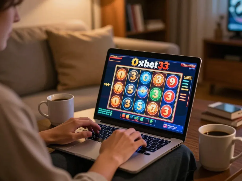 Engaged player spinning reels on Oxbet33 online slots in a cozy home setup