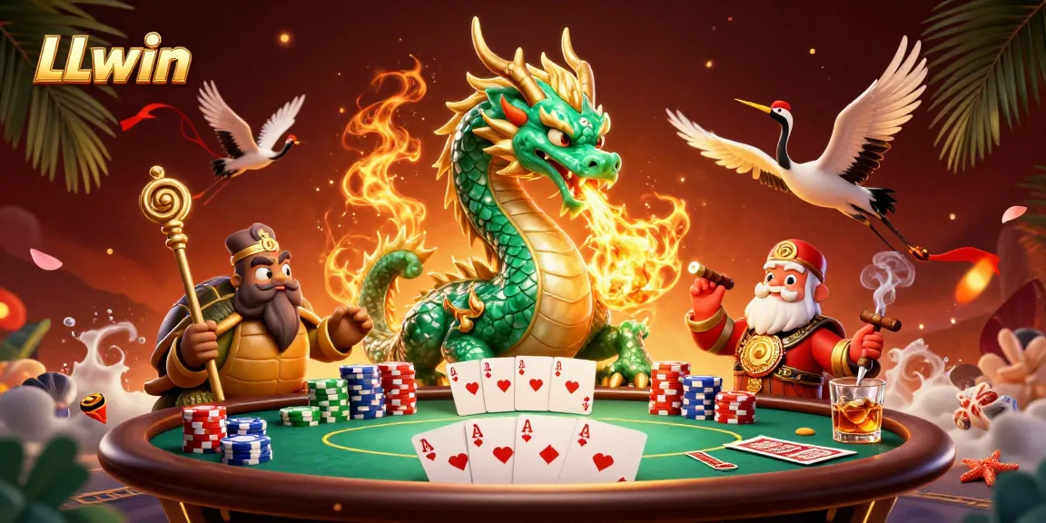 LLwin players engage in a vibrant 3D casino scene with a jade dragon and poker elements.
