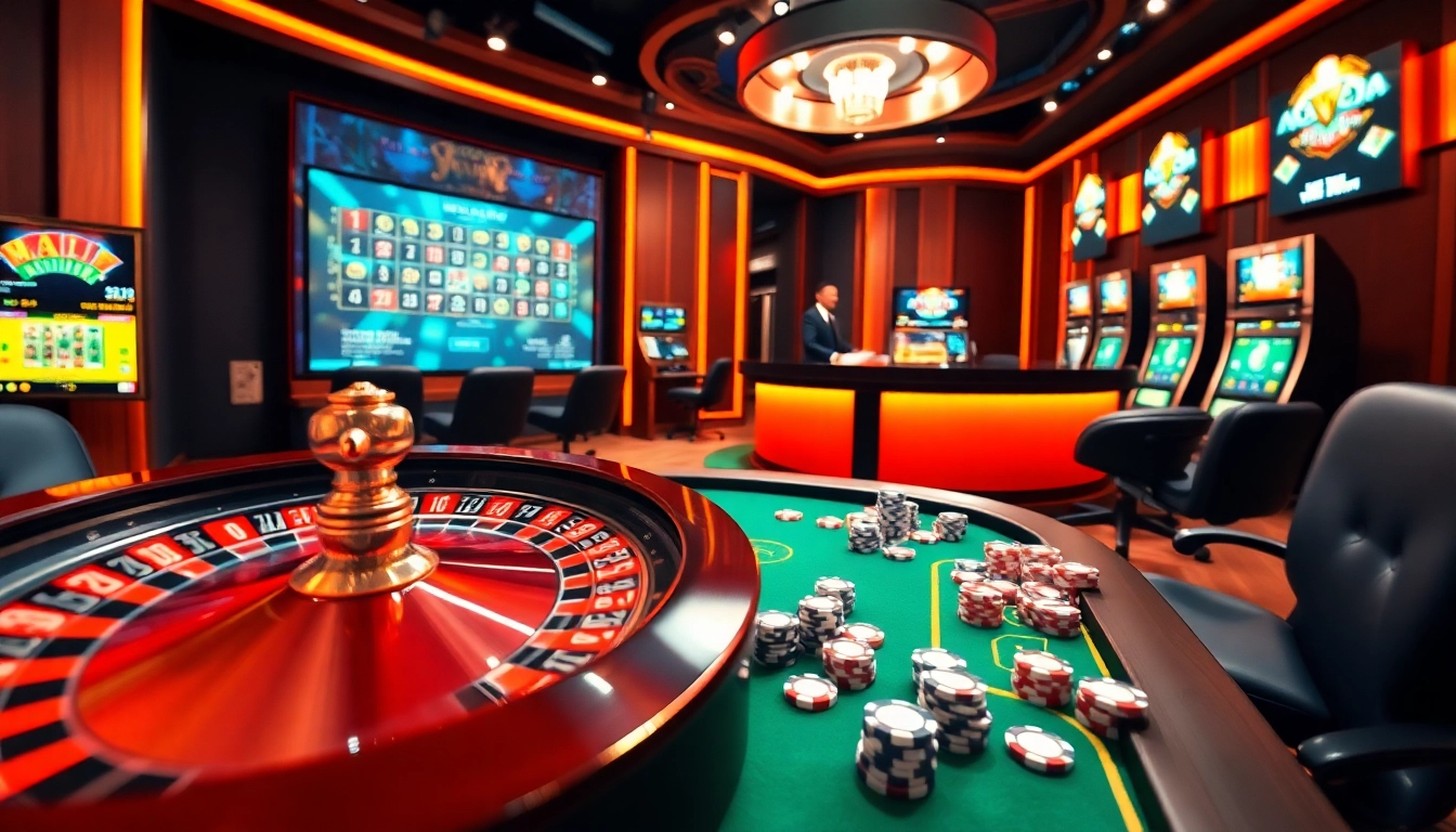 Experience gaming excitement with the vibrant Link Jun88 online casino scene featuring roulette, poker chips, and a live dealer.