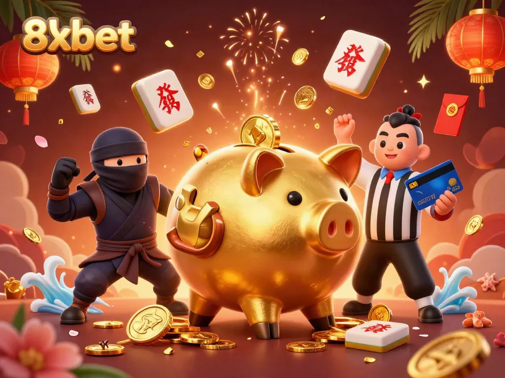 Experience thrilling action with 8xbet's vibrant 3D casino illustration featuring interactive characters.