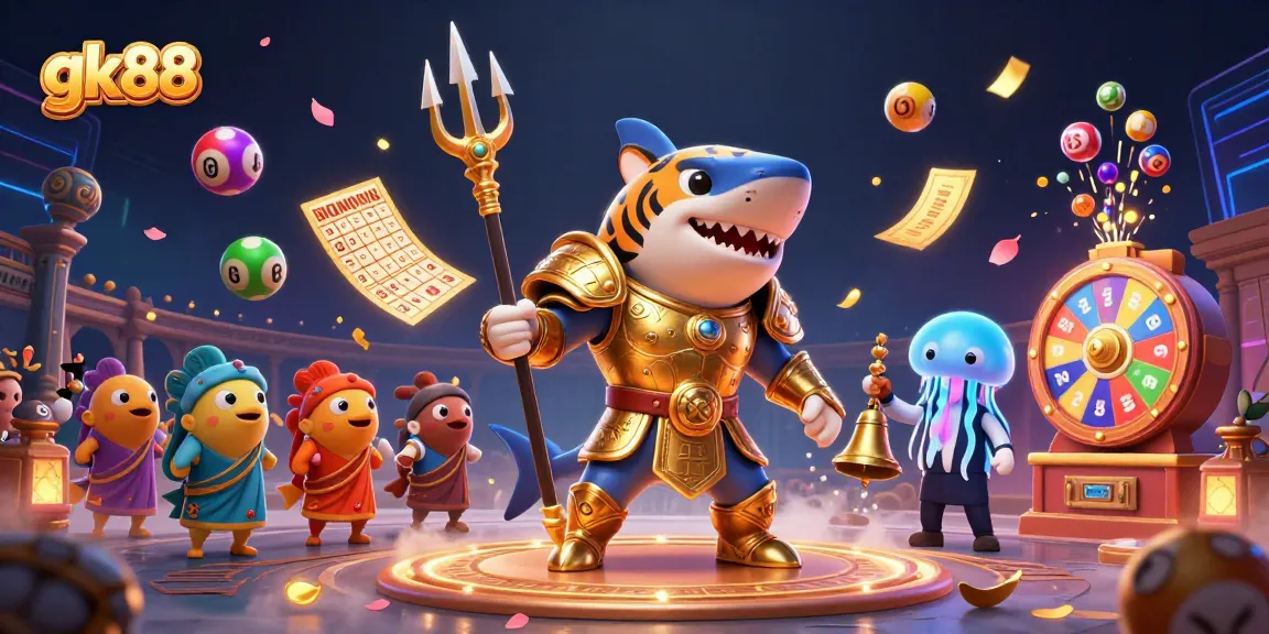 Engage in the thrilling gk88 casino experience with vibrant lottery and gaming elements in a lively underwater scene.