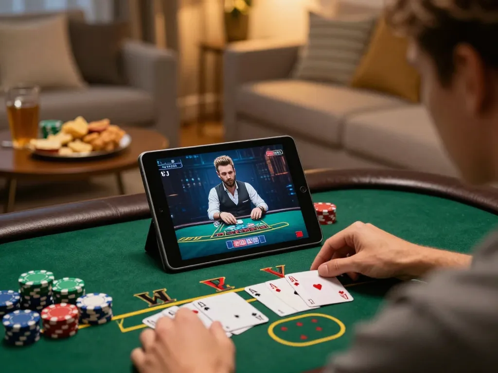 Tic88 player enjoy live blackjack strategy on tablet in cozy home environment.
