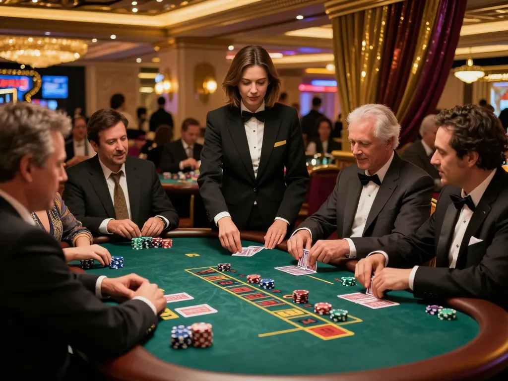 Engaged players at a Da88 blackjack table in a luxurious Las Vegas casino.