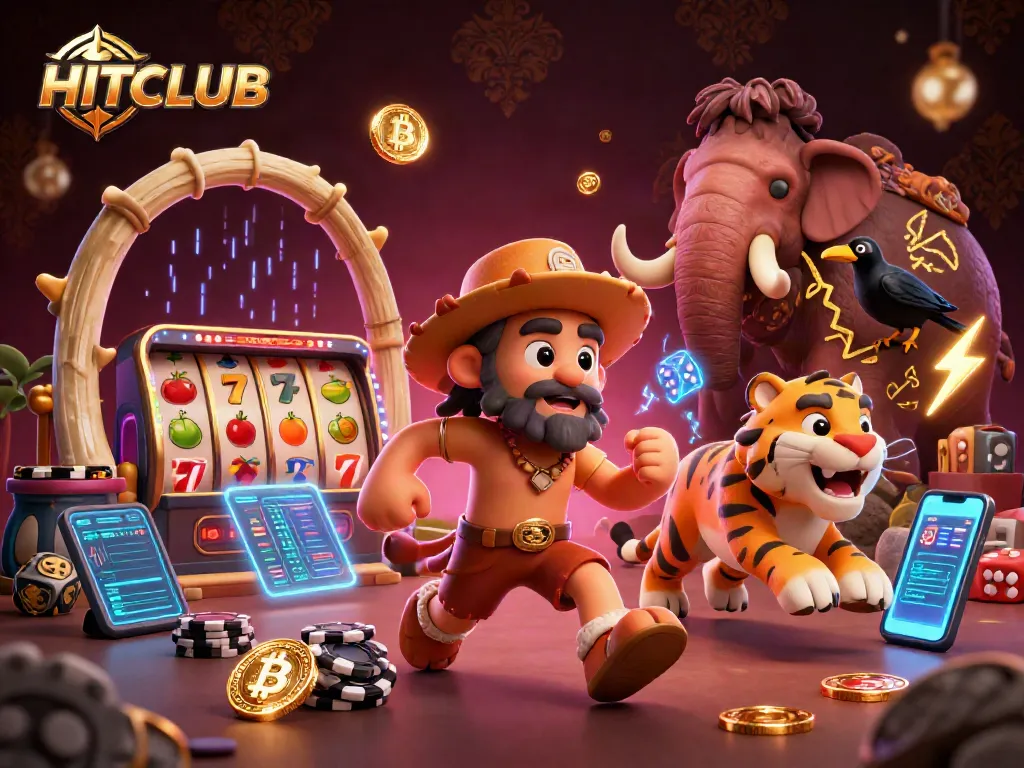 Experience the thrills of HITCLUB's vibrant casino with a colorful 3D caveman and tiger duo, engaging in thrilling games.