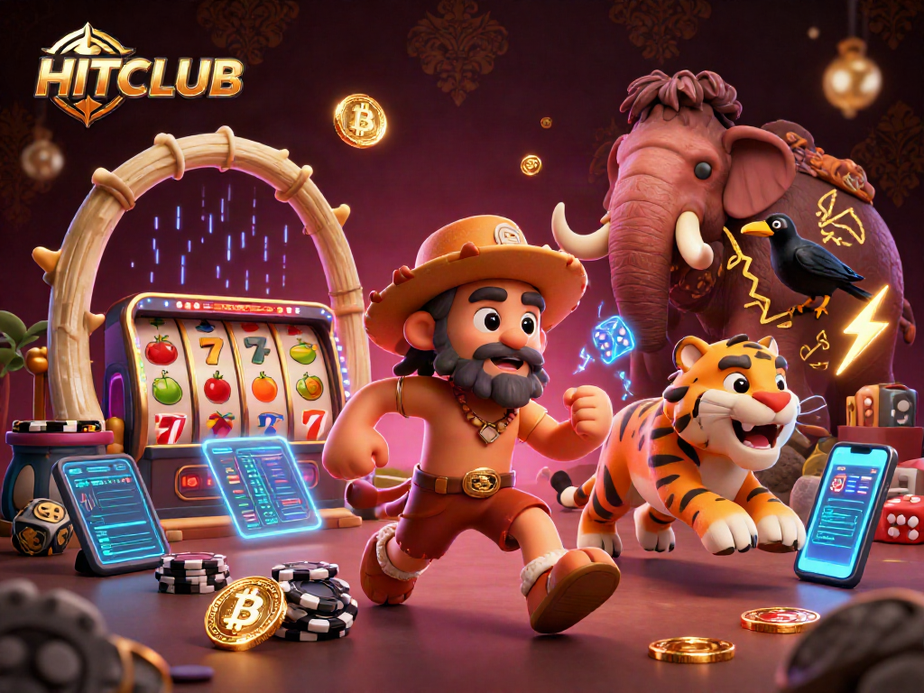 Experience the thrills of HITCLUB's vibrant casino with a colorful 3D caveman and tiger duo, engaging in thrilling games.