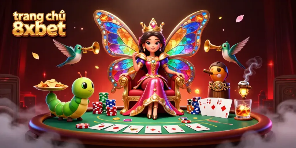 Experience the vibrant world of trang chủ 8xbet with a captivating 3D illustration showcasing colorful characters and poker excitement.