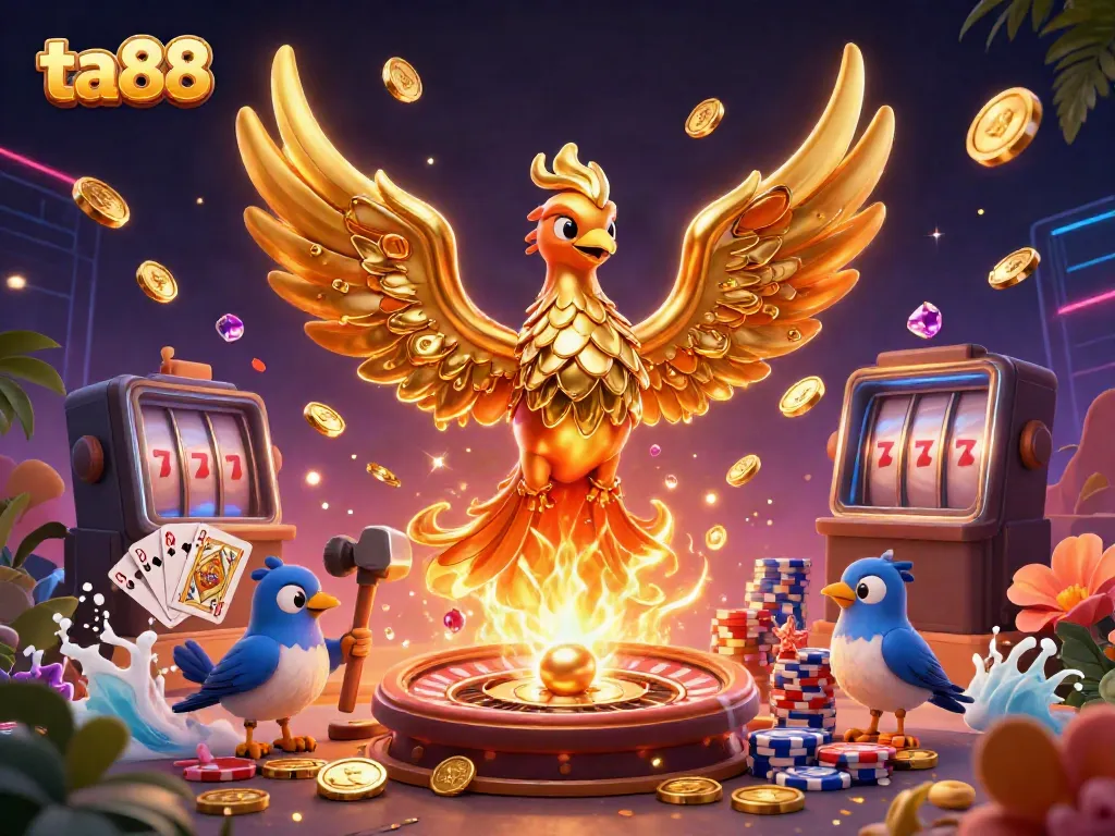 Experience the thrilling gaming atmosphere at TA88 with golden phoenix and vibrant casino elements.